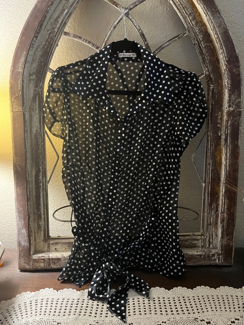 Forever 21 Black Polka Dot Tie-Front Sheer Blouse